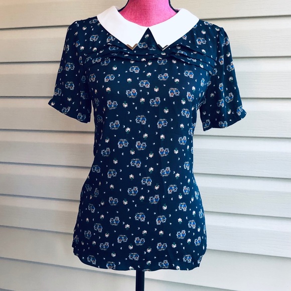 Kiosk Tops - Kiosk Harajuku Owl blouse School Girl Collar Navy